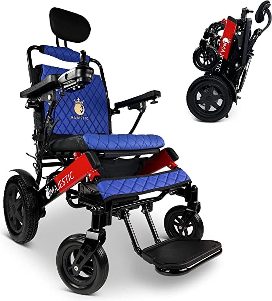 Goedkoopste COMFYGO IQ-9000 AF Elektrische rolstoel, lichtgewicht, draadloze afstandsbediening, tot 30km, Automatisch vouwsysteem met Handmatig achterover leunen, Zwart&Rood frame & Blauw leer textiel, Zitbreedte 45cm