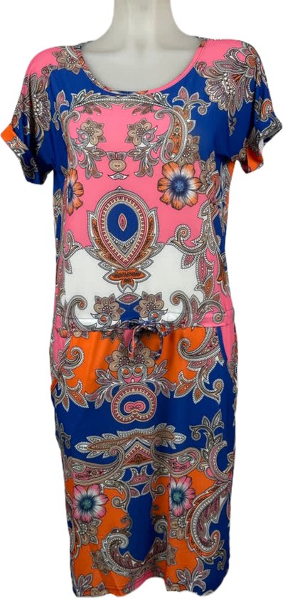 Angelle Milan – Travelkleding voor dames – Blauw/Roze/Oranje Strik Jurk – Ademend – Kreukherstellend – Duurzame jurk - In 4 maten - Maat XL