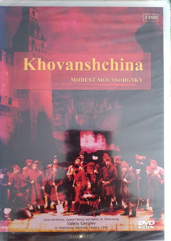 DVD-hoes met de titel 'Khovanshchina'. Afbeelding van een groep mannen in traditionele kleding.