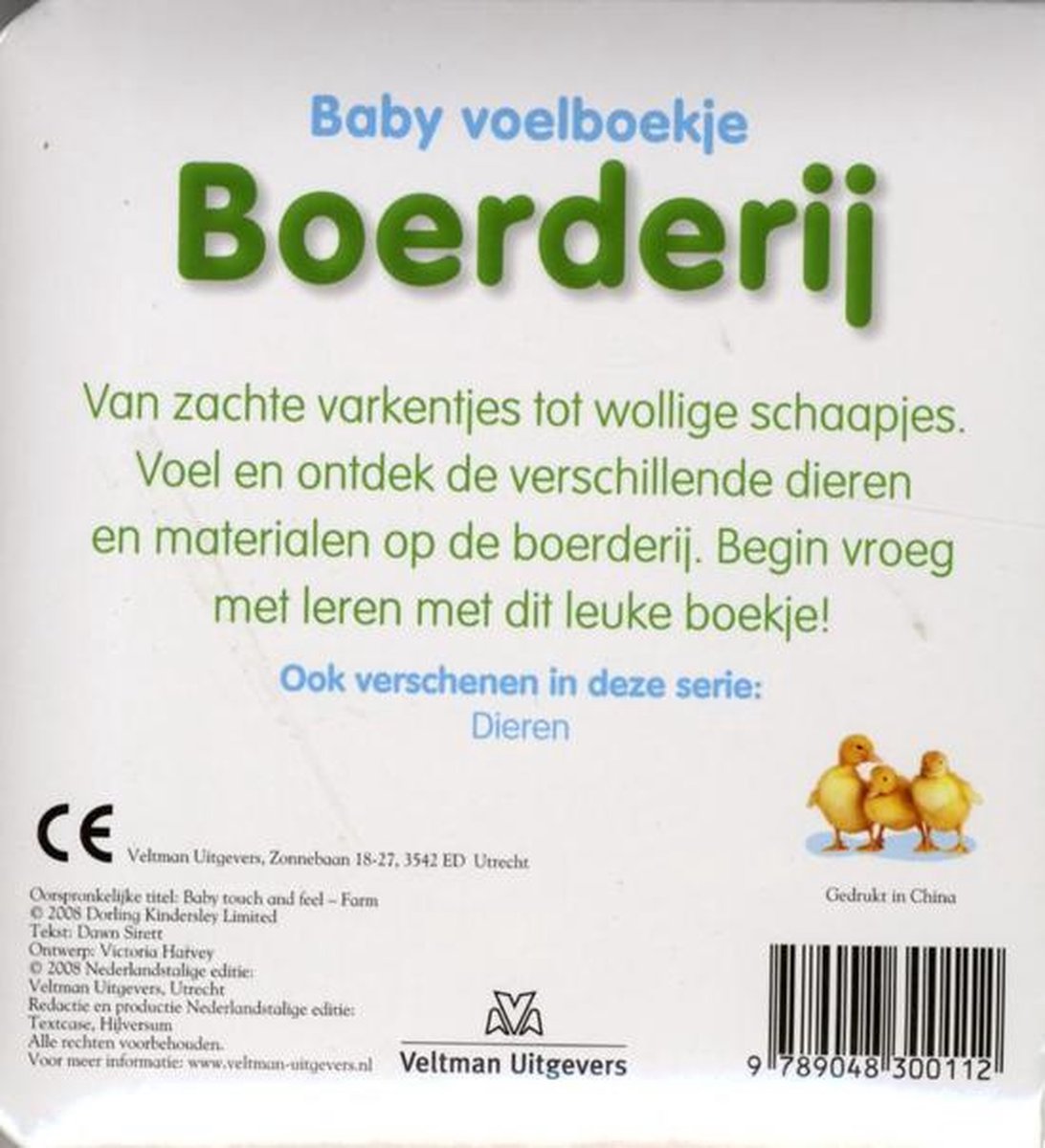 Baby voelboekje Boerderij met drie kuikentjes, tekst en logo's.