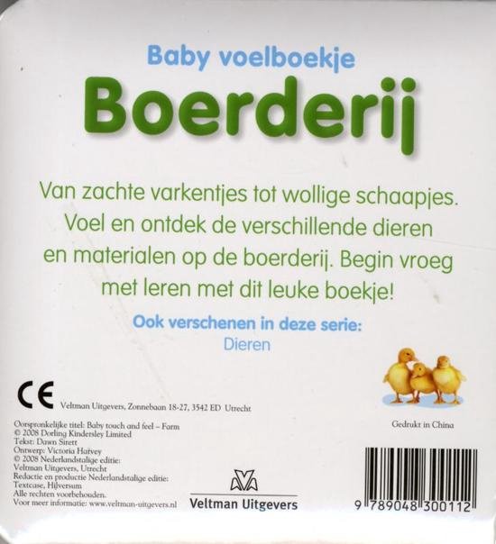 Baby voelboekje Boerderij met drie kuikentjes, tekst en logo's.