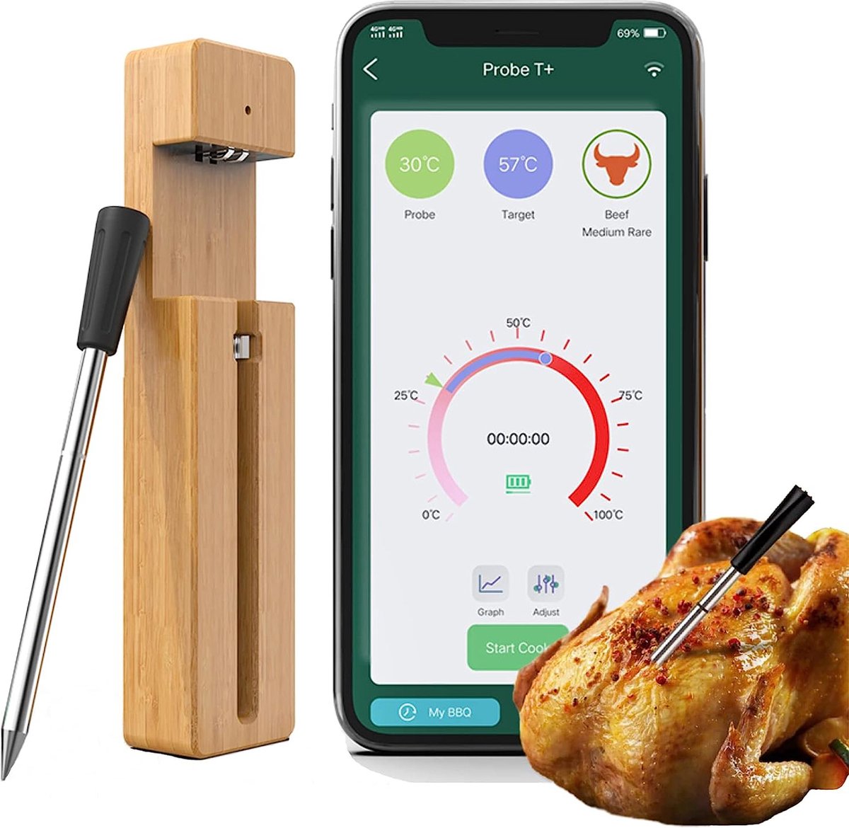 Vleesthermometer Draadloos met App - BBQ Thermometer met Bluetooth - Oventhermometer - BBQ accesoires - RVS - ZWART - Vastar