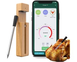 Vleesthermometer Draadloos met App - BBQ Thermometer met Bluetooth - Oventhermometer - BBQ accesoires - RVS - ZWART