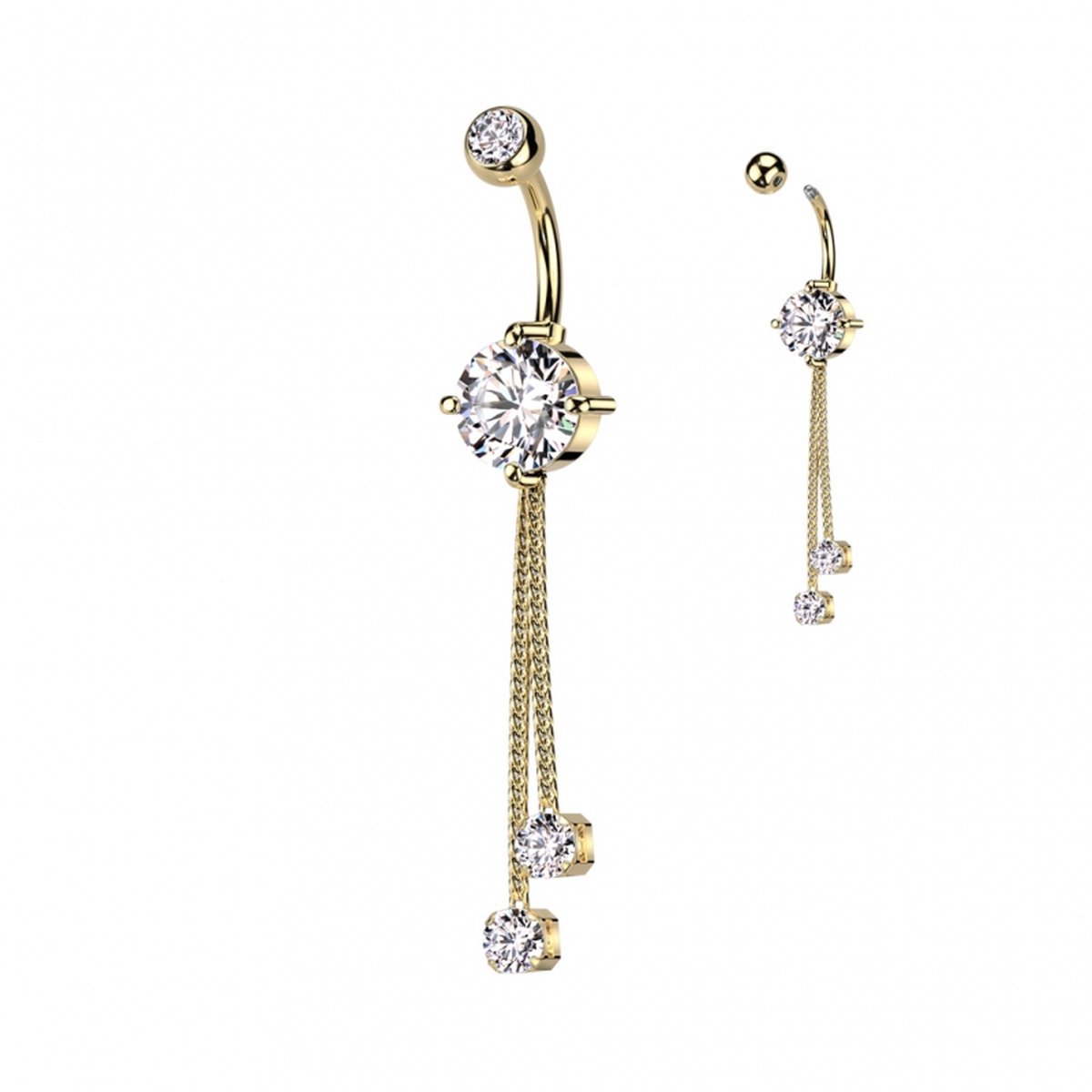 Piercing Nombril Pendentif 2 Cœurs - Plaqué Or, Tige Acier 1.6x10mm