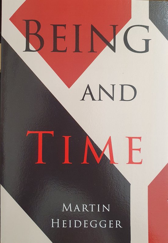 Livre 'Being and Time' de Martin Heidegger avec une couverture géométrique noire, blanche et rouge.