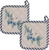 HAES DECO - Set van 2 Pannenlappen voor een kind - formaat 16x16 cm - kleuren Beige / Blauw / Groen - van 100% Katoen - Collectie: Blueberry Fields - Kinder Pannenlap