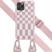 Selencia Hoesje Geschikt voor iPhone 11 Pro Hoesje Met Koord - Selencia Siliconen design hoesje met afneembaar koord - Roze / Irregular Check Sand Pink