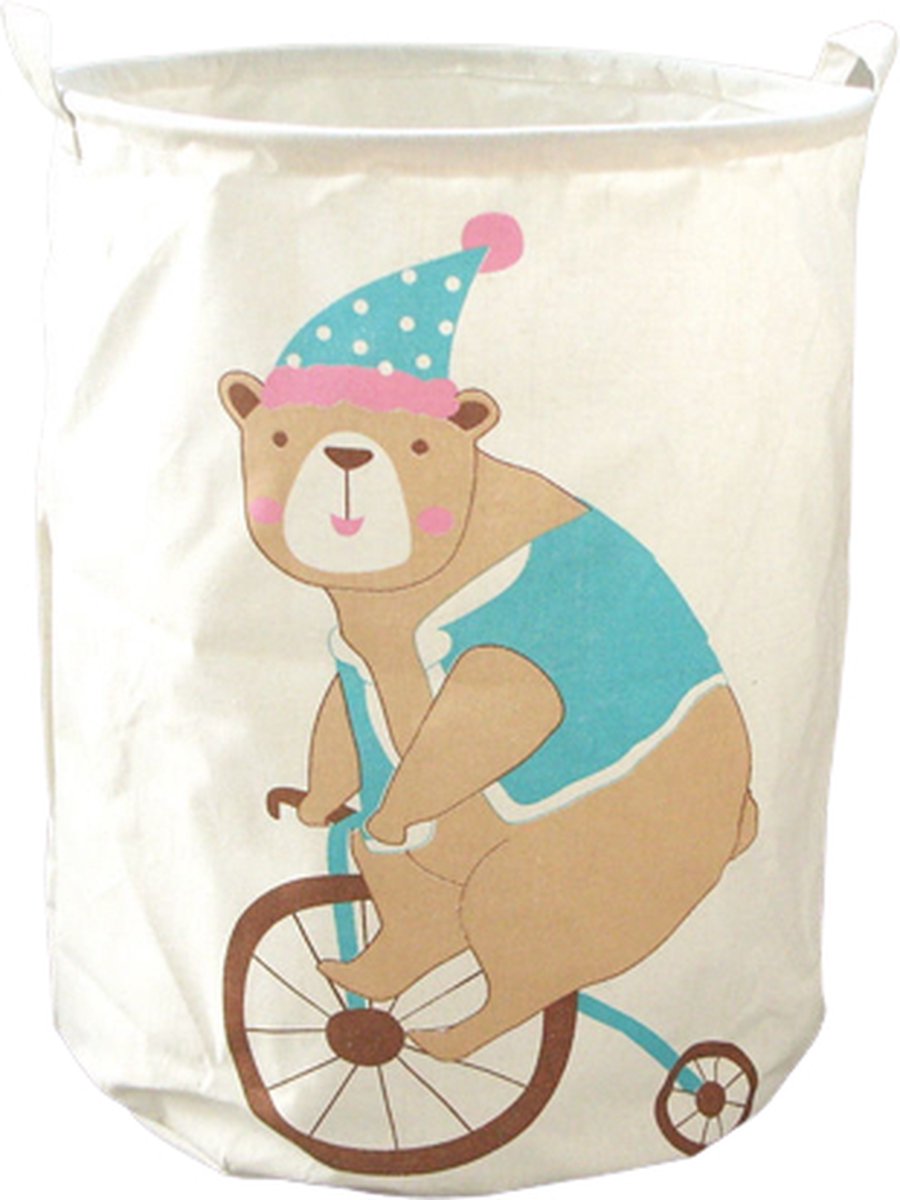 Speelgoedmand - Wasmand - Opberger - 35 x 45 cm - Wit met beer op fiets