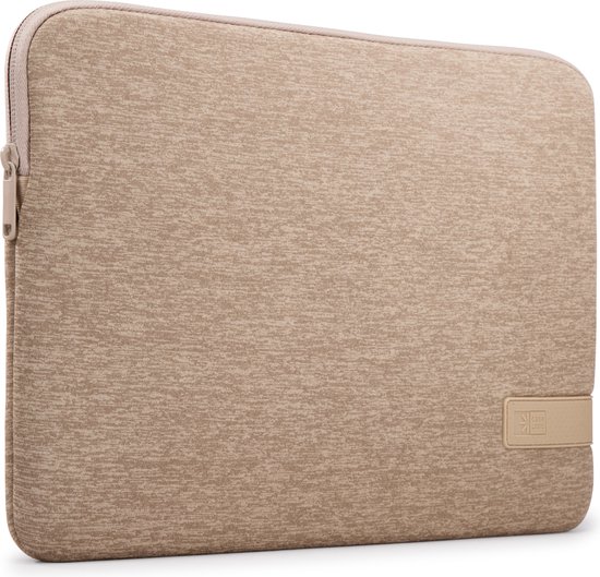 Bruine laptophoes met beige accenten, gemêleerde textuur en een beige Case Logic logo.