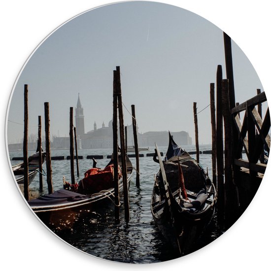 PVC Schuimplaat Muurcirkel - Italiaanse Gondels in Haven van Venetië, Italië - 30x30 cm Foto op Muurcirkel (met ophangsysteem)
