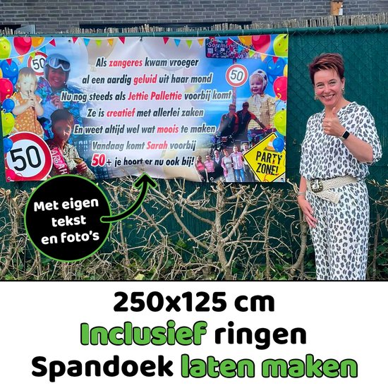 Spandoek laten maken 250 x 125 cm | Eigen tekst en foto's | Incl. Ringen | Voor iedere gelegenheid | Verjaardag | Abraham | Sarah | Pensioen | Welkom thuis spandoek