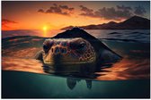Poster Glanzend – Close-up van Boze Zeeschildpad Dobberend bij het Wateroppervlak - 75x50 cm Foto op Posterpapier met Glanzende Afwerking
