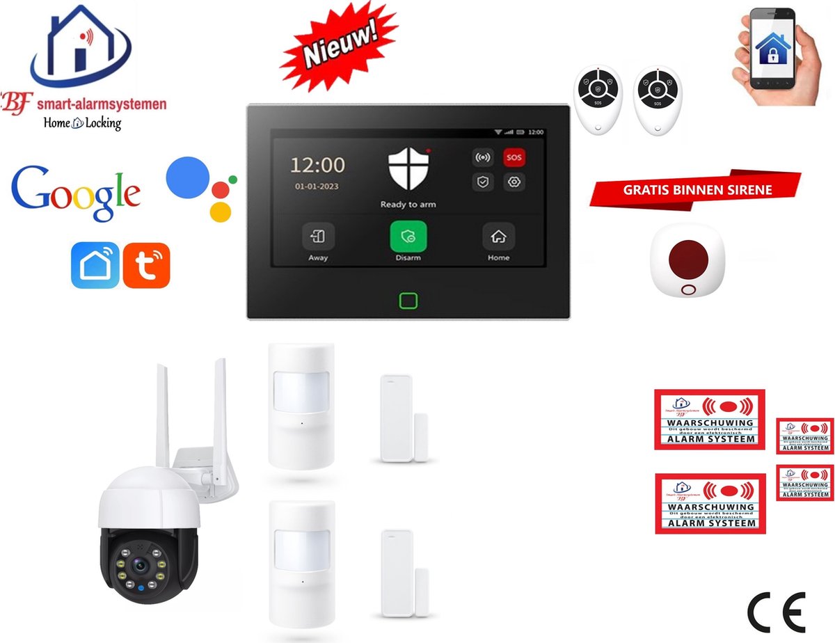 Draadloos/bedraad alarmsysteem met 7-inch touchscreen werkt met wifi,gprs,sms en met spraakgestuurde apps. ST01B-62