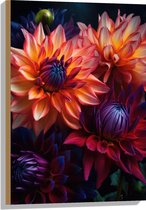 Hout - Boeket van Oranje en Paarse Bloemen - 50x75 cm - 9 mm dik - Foto op Hout (Met Ophangsysteem)