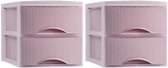 Plasticforte thuis kantoor organizer ladeblok - 2x - 2 lades - 25 x 37 x 26 cm - kunststof - roze