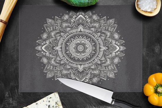 Planche à découper en Verres - 39x28 - Mandala - Zwart et blanc - Fleurs - Bohème - Nature - Planches à découper en Glas