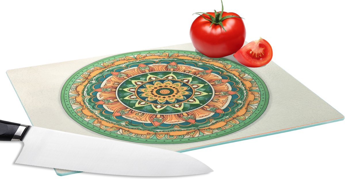Glazen Snijplank - 28x20 - Hippie - Mandala - Groen - Boho - Bloemen - Snijplanken Glas