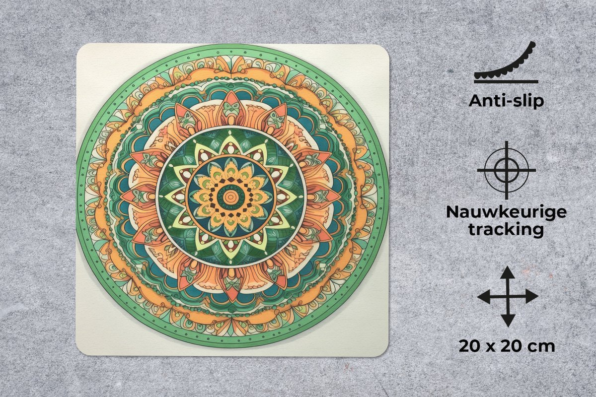 Muismat 20x20 cm - Mousepad Hippie - Mandala - Groen - Boho - Bloemen - Muismatten