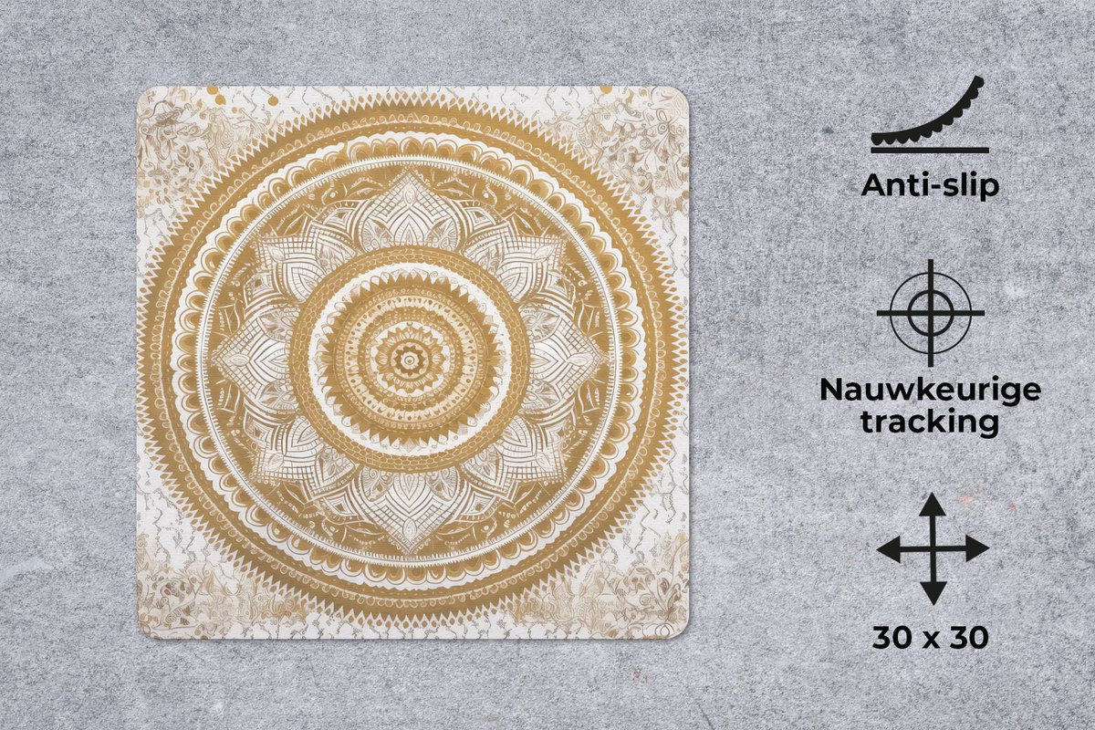 Muismat 30x30 cm - Mousepad Mandala - Bloemen - Goud - Wit - Design - Muismatten