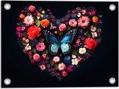 Tuinposter – Hart van Blauwe Vlinder en Verschillende Bloemen op Zwarte Achtergrond - 40x30 cm Foto op Tuinposter (wanddecoratie voor buiten en binnen)