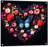Tuinposter – Hart van Blauwe Vlinder en Verschillende Bloemen op Zwarte Achtergrond - 80x80 cm Foto op Tuinposter (wanddecoratie voor buiten en binnen)
