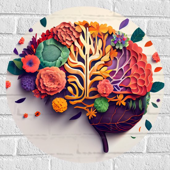 Muursticker Cirkel - Hersenen van Tuinman met Bloemen en Planten - 60x60 cm Foto op Muursticker