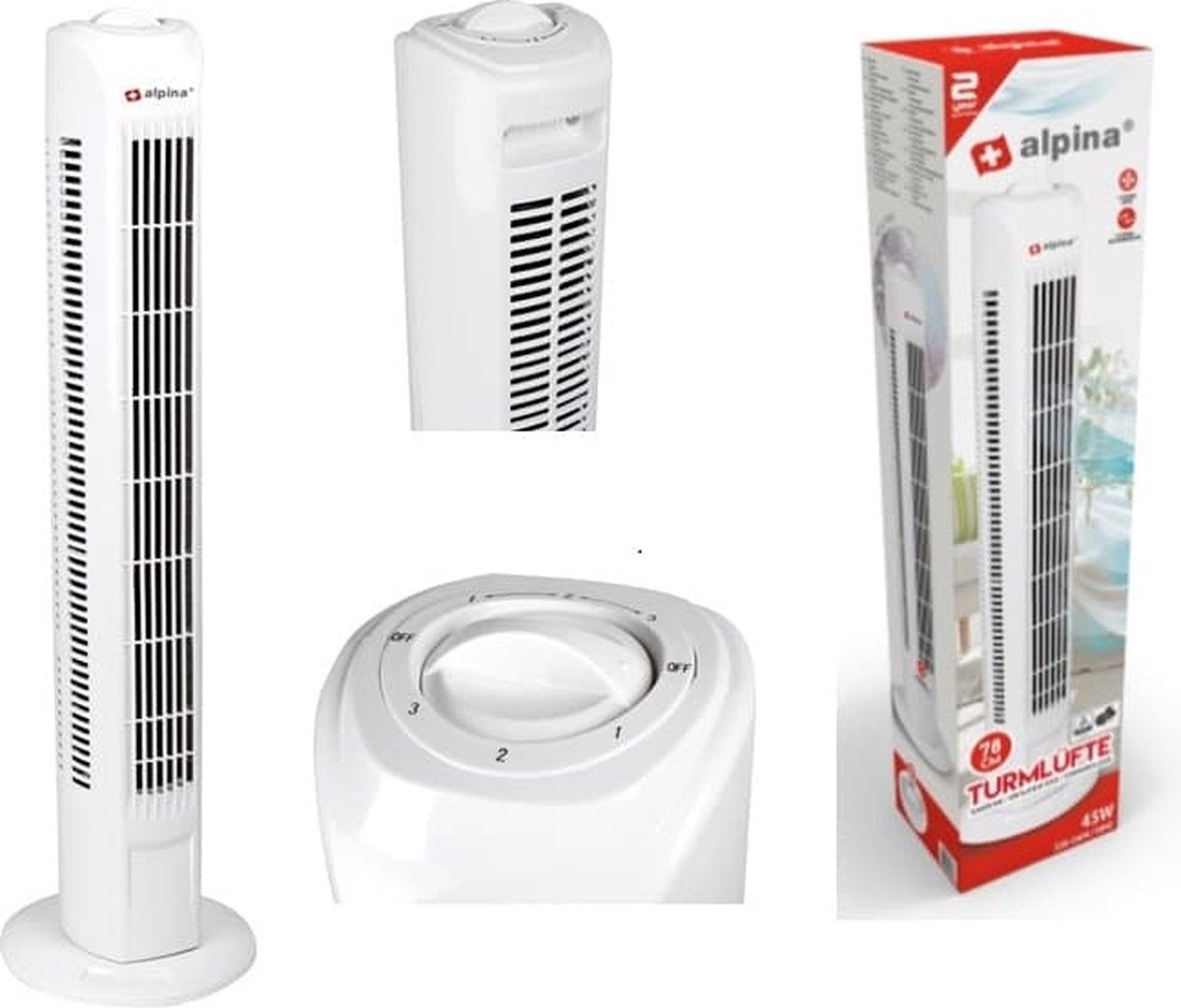 Ventilateur colonne 78cm 45w silencieux alpina blanc 3 vitesses oscillation  réglable ALPINA Pas Cher 