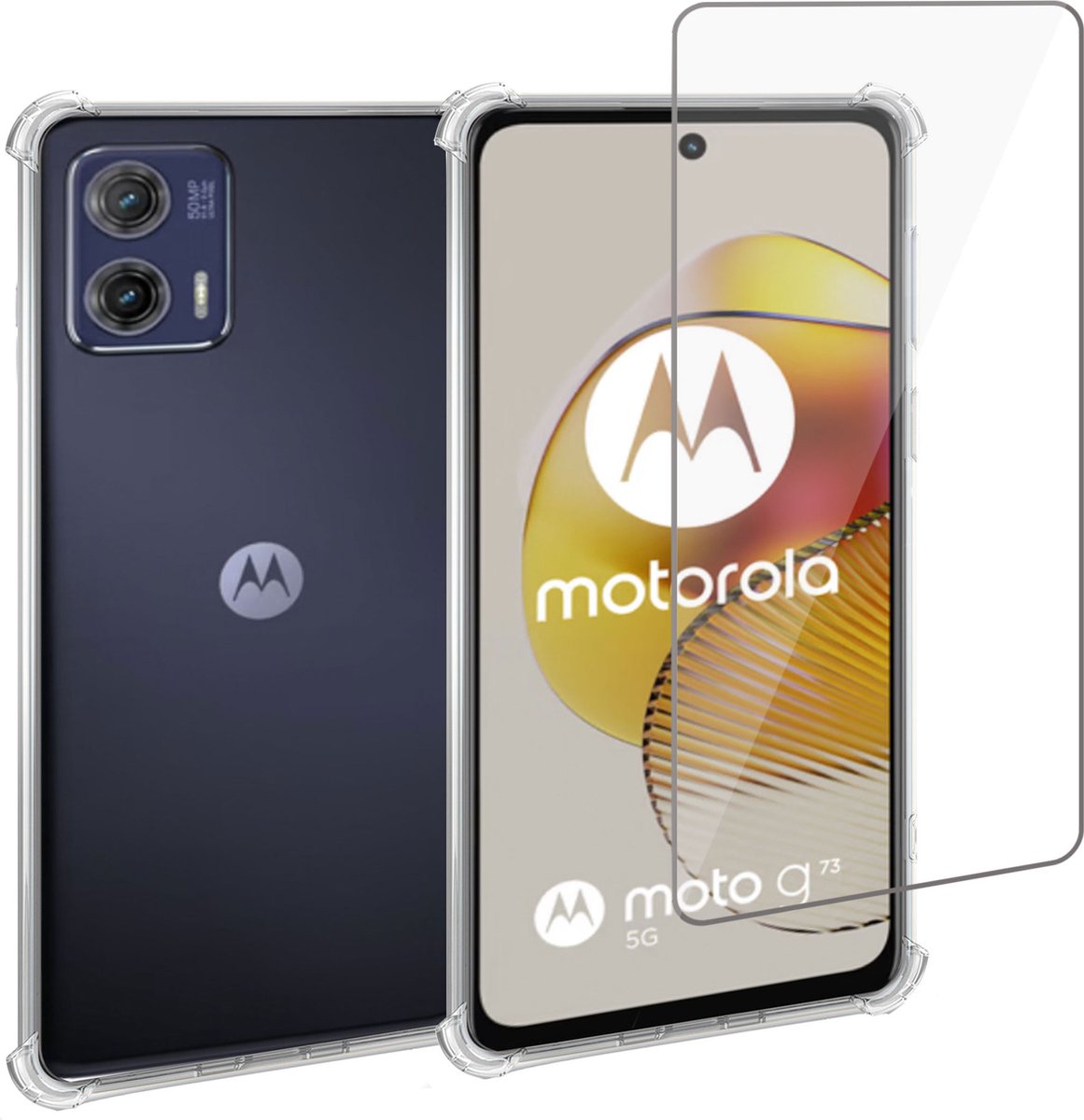 Geschikt voor Motorola Moto G73 Hoesje + Screenprotector – Gehard Glas Cover + Shock Proof Case – Transparant