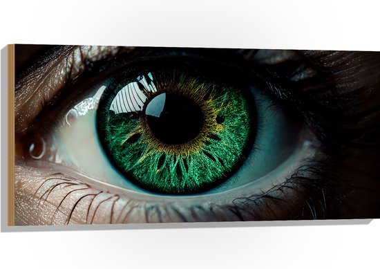 Hout - Close-up van Prachtig Groenkleurig Oog van Vrouw - 100x50 cm - 9 mm dik - Foto op Hout (Met Ophangsysteem)