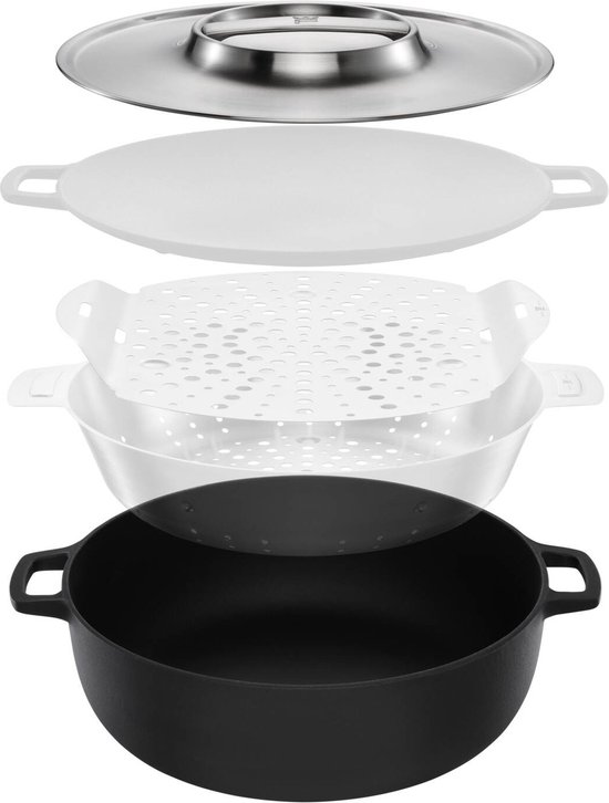Echtwerk Universele braadset en 2-in-1 hapjespan met deksel, gietijzeren pan met emaillaag, geschikt voor oven, barbecue, barbecue en inductie Lichtblauw 1,5 l