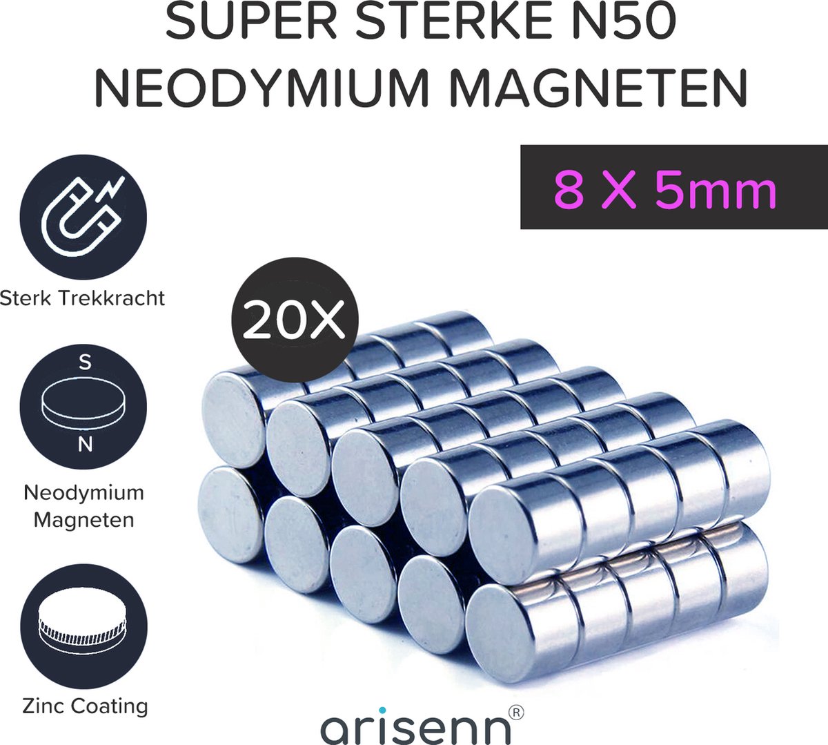 20 stuks Arisenn® N50 Neodymium Magnet 8x5mm - Sterkste Magneet op de Markt! - met 2kg houdkracht
