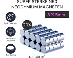 20 stuks Arisenn® N50 Neodymium Magnet 8x5mm - met 1.2kg houdkracht