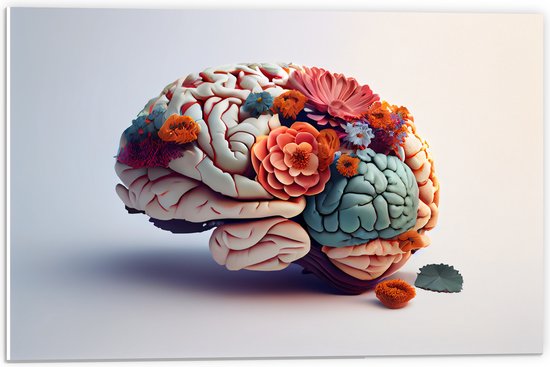 PVC Schuimplaat - Hersenen Versierd met Bloemen tegen Beige Achtergrond - 60x40 cm Foto op PVC Schuimplaat (Met Ophangsysteem)
