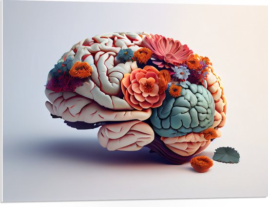 PVC Schuimplaat- Hersenen Versierd met Bloemen tegen Beige Achtergrond - 80x60 cm Foto op PVC Schuimplaat