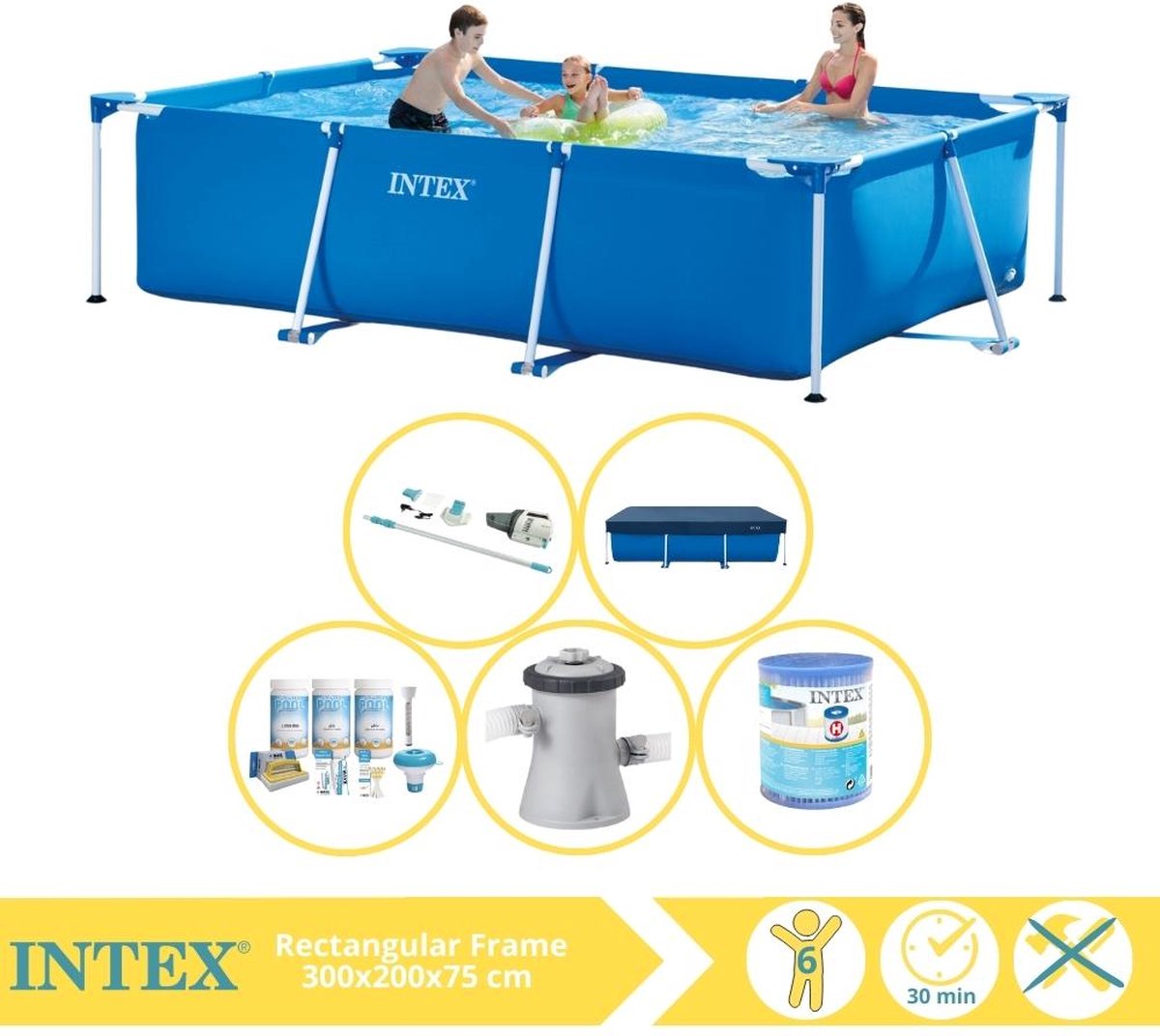 Intex Rectangular Frame Zwembad - Opzetzwembad - 300x200x75 cm - Inclusief Afdekzeil, Onderhoudspakket, Zwembadpomp, Filter en Stofzuiger