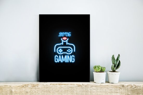 Wanddecoratie Metaal - Aluminium Schilderij Industrieel - Neon - Tekst - Love gaming - Blauw - Vrouwen - 30x40 cm - Dibond - Foto op aluminium - Industriële muurdecoratie - Voor de woonkamer/slaapkamer