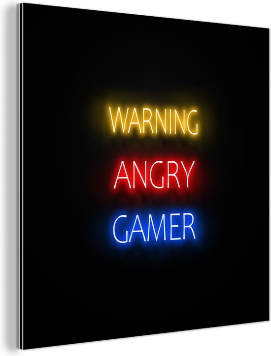 Wanddecoratie Metaal - Aluminium Schilderij Industrieel - Gaming - Quotes - Warning angry gamer - Neon - 90x90 cm - Dibond - Foto op aluminium - Industriële muurdecoratie - Voor de woonkamer/slaapkamer