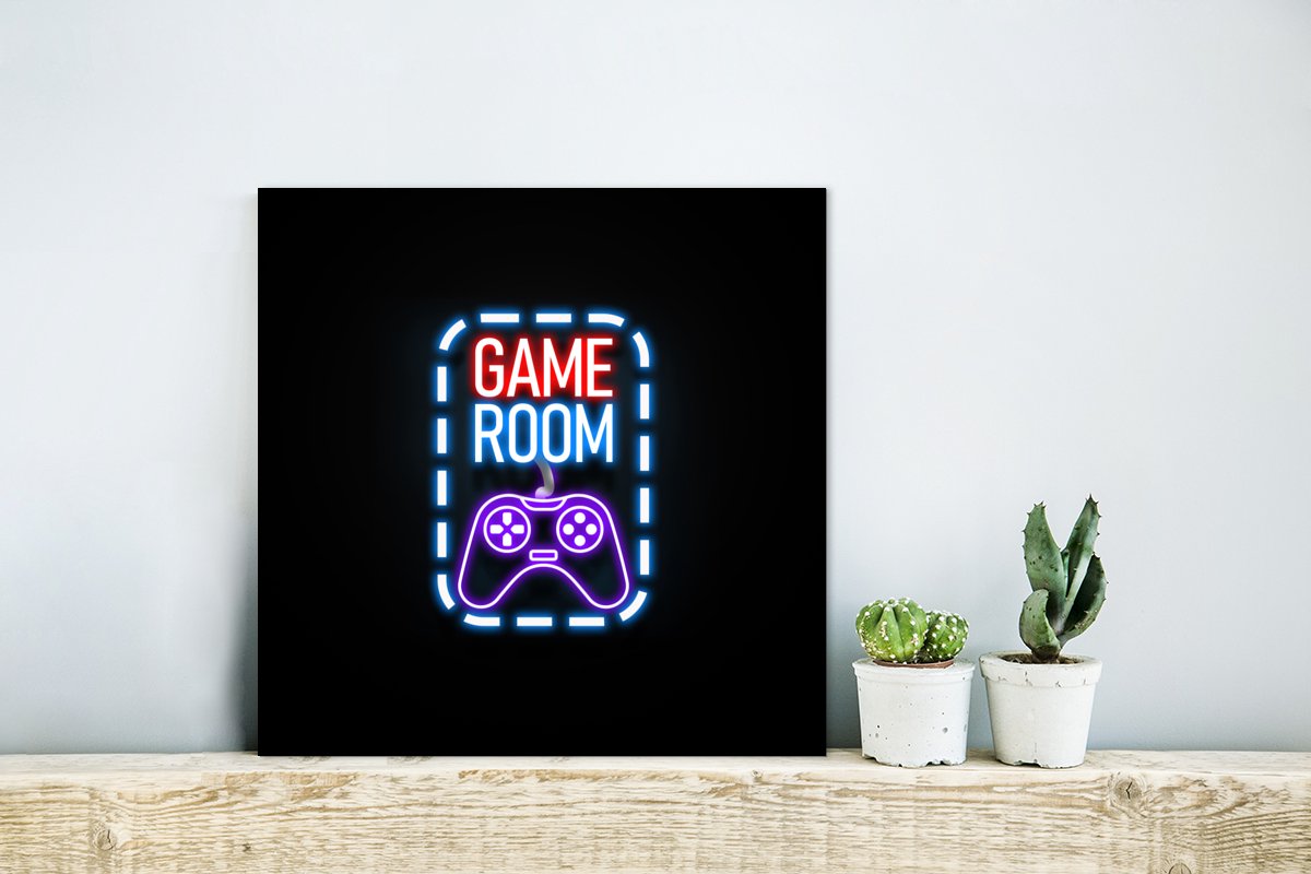 Wanddecoratie Metaal - Aluminium Schilderij Industrieel - Neon - Quotes - Game room - Controller - Zwart - 20x20 cm - Dibond - Foto op aluminium - Industriële muurdecoratie - Voor de woonkamer/slaapkamer