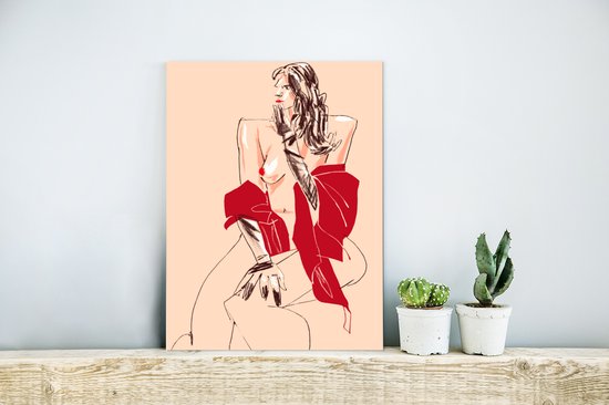 Wanddecoratie Metaal - Aluminium Schilderij Industrieel - Vrouw - Portret - Pastel - Rood - 30x40 cm - Dibond - Foto op aluminium - Industriële muurdecoratie - Voor de woonkamer/slaapkamer