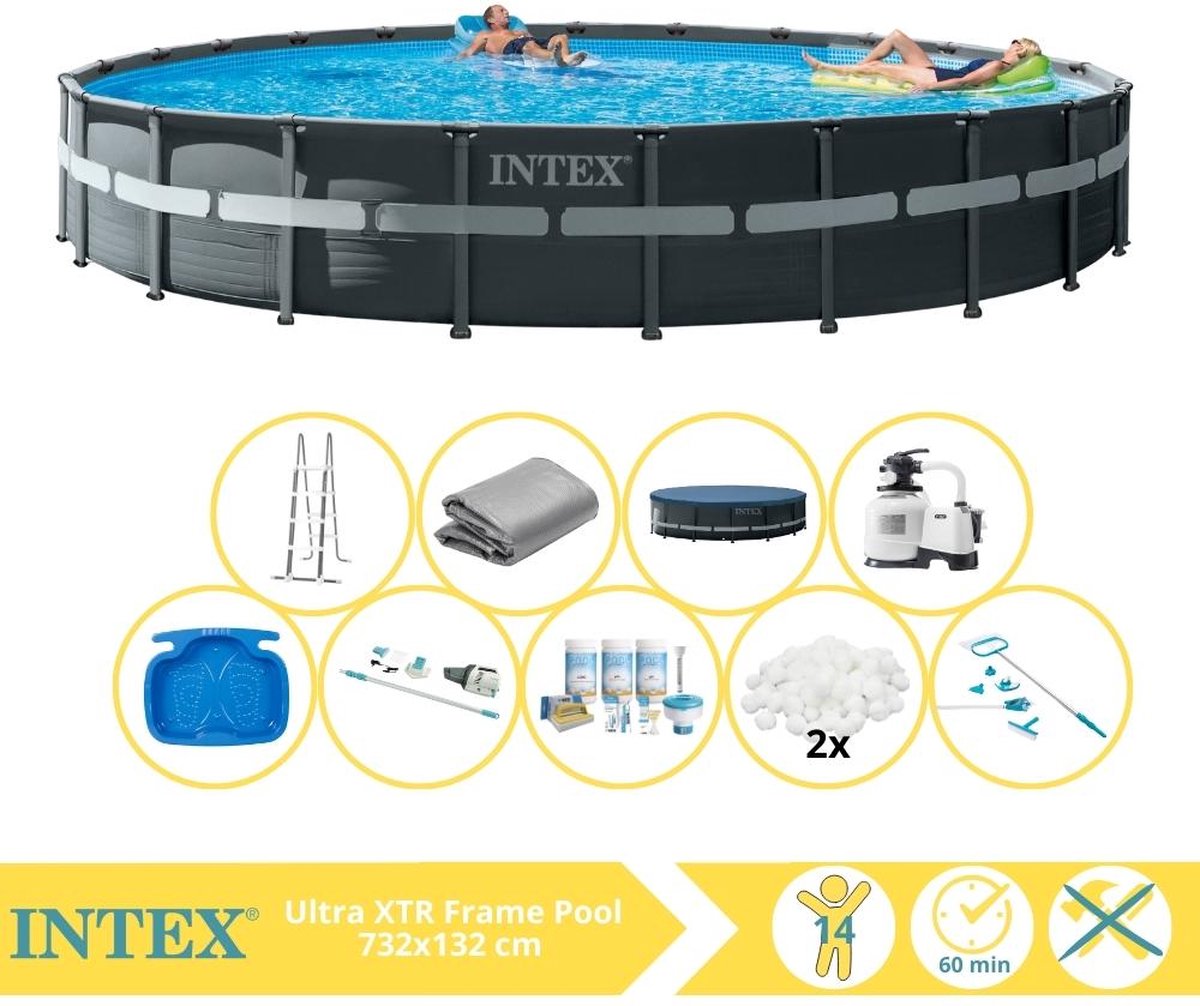 Intex Ultra XTR Frame Zwembad - Opzetzwembad - 732x132 cm - Inclusief Onderhoudspakket, Filterbollen, Onderhoudsset, Stofzuiger en Voetenbad