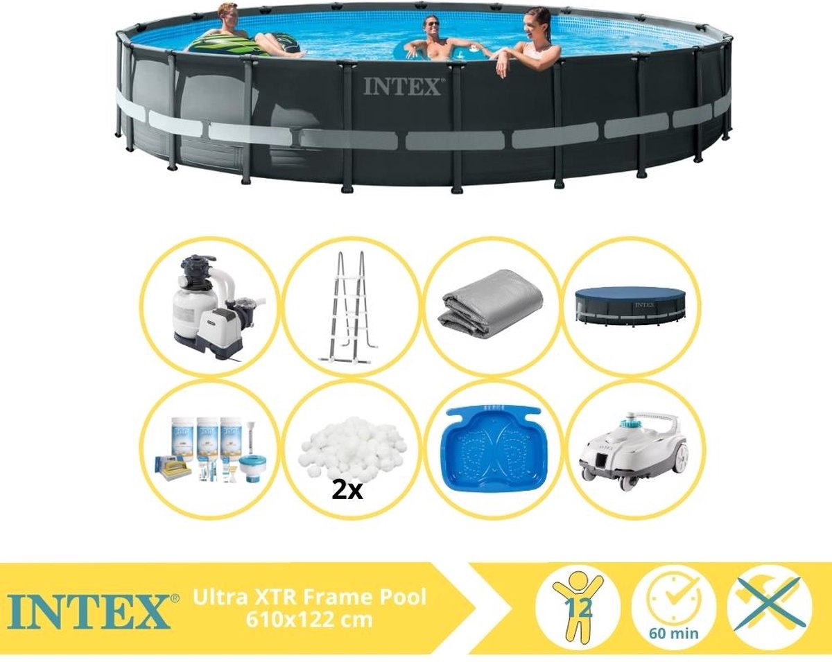 Intex Ultra XTR Frame Zwembad - Opzetzwembad - 610x122 cm - Inclusief Onderhoudspakket, Filterbollen, Zwembad Stofzuiger en Voetenbad
