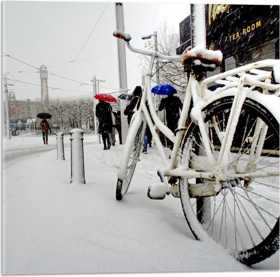 Acrylglas - Fiets Geparkeerd in Stad tijdens Sneeuwbui - 50x50 cm Foto op Acrylglas (Wanddecoratie op Acrylaat)