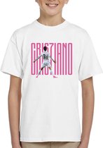 Ronaldo - Kinder T-Shirt - Wit - Maat 110 / 116 - T-Shirt leeftijd 5 tot 6 jaar - Voetbal shirt - Cadeau - Shirt cadeau - CR7 t-shirt - voetbal - verjaardag - Unisex Kids T-Shirt - Roze Tekst