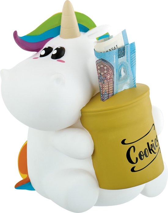 Witte eenhoorn spaarpot met gekleurde regenboogmanen en staart, houdt gele koekjespot vast met geld erin.