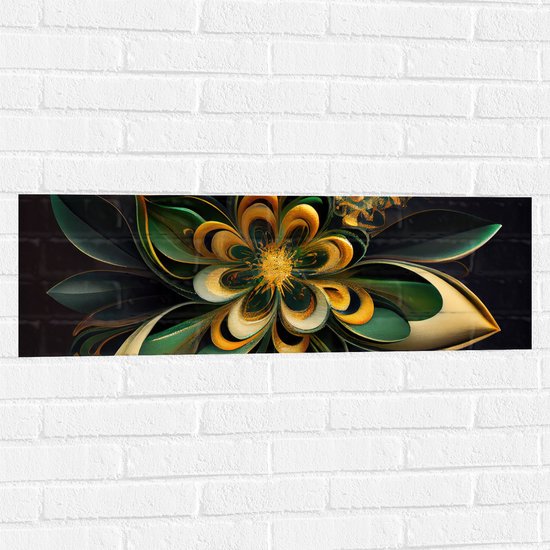 Muursticker - Bloem in Groen en Goud Tinten - 90x30 cm Foto op Muursticker