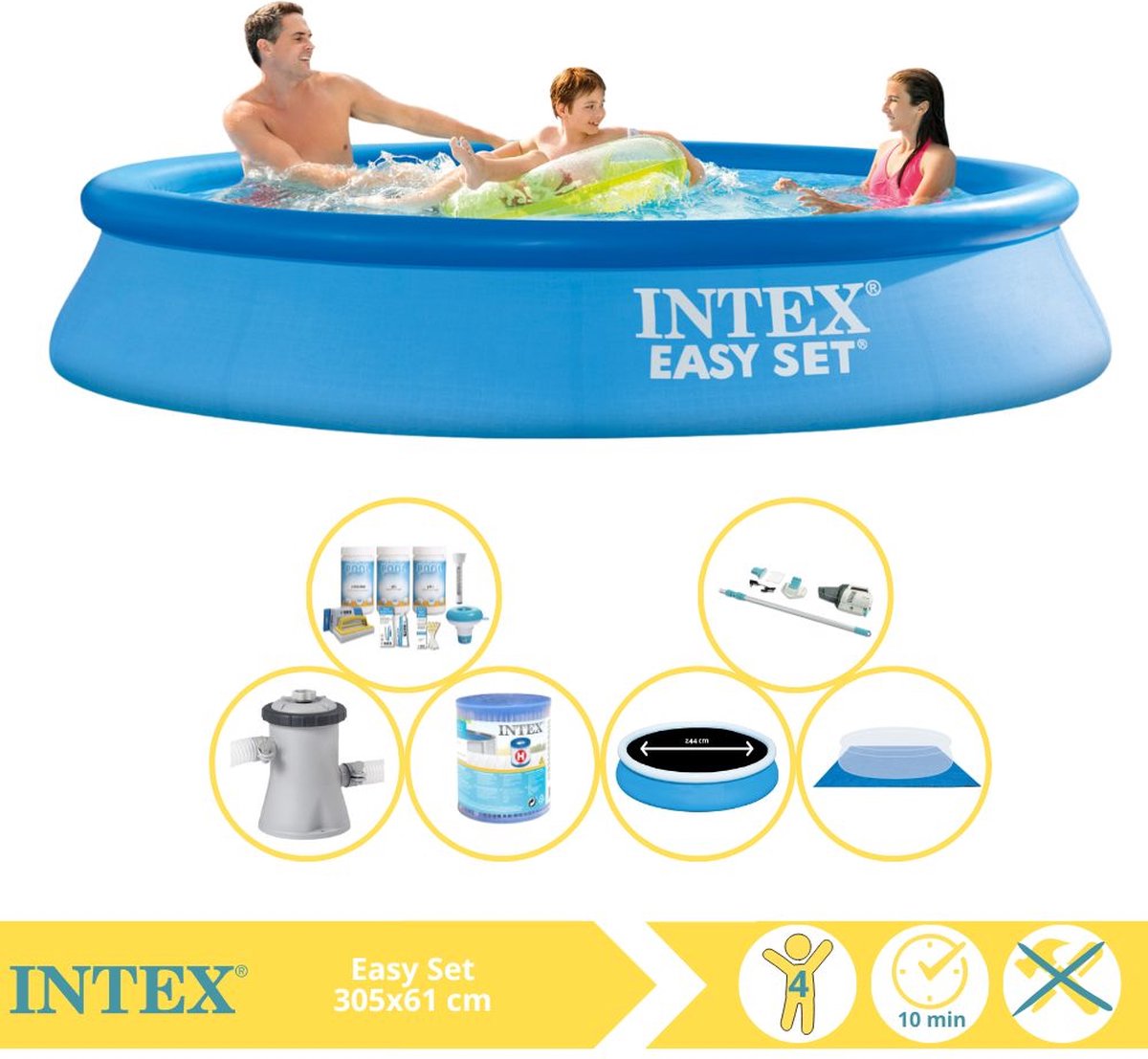 Intex Easy Set Zwembad - Opblaaszwembad - 305x61 cm - Inclusief Solarzeil Pro, Onderhoudspakket, Zwembadpomp, Filter, Grondzeil en Stofzuiger