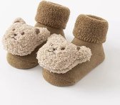 Antislip beren sokken baby/peuter - Koffie - 0-1 Jaar