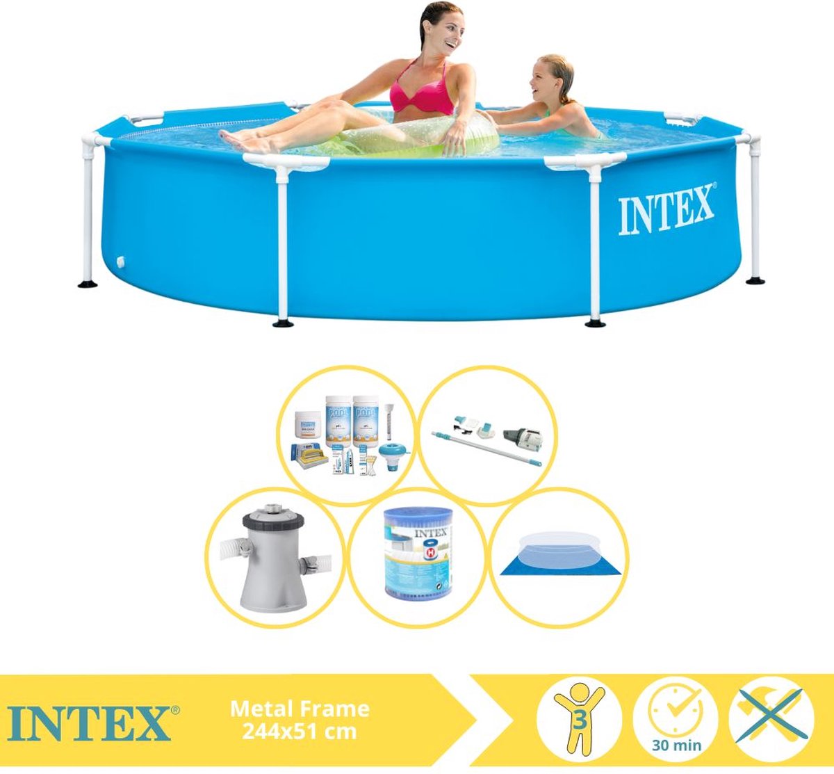 Intex Rond Frame Zwembad – 244 x 51 cm – Blauw – Inclusief Onderhoudspakket – Zwembadfilterpomp – Filter – Grondzeil – Stofzuiger – 6-delig