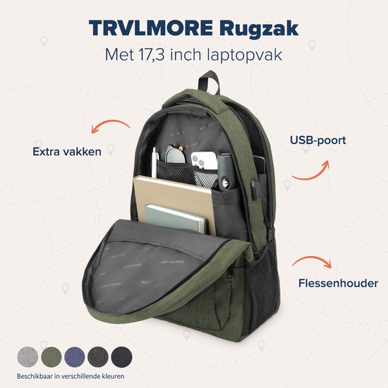 TRVLMORE Rugzak - 36L - 17,3 inch - Laptop Rugtas - Schooltas - Unisex - Spatwaterdicht - Levenslange Garantie - Groen