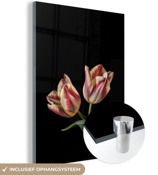 MuchoWow® Glasschilderij 60x80 cm - Schilderij acrylglas - Tulpen - Bloemen - Roze - Wit - Natuur - Foto op glas - Schilderijen